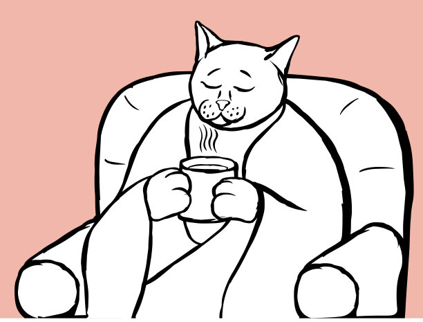 放松的猫下格子在椅子上与一杯热茶图片下载