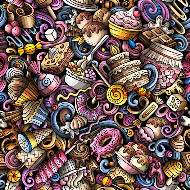 卡通涂鸦甜点无缝图案。图片下载