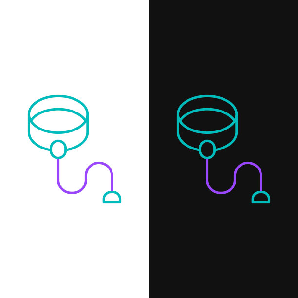 线可伸缩绳带与钩环图标隔离在白色和黑色背景。宠物狗。户外散步的动物配件。色彩斑斓的轮廓的概念。向量图片下载