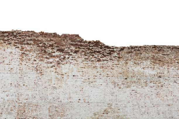古老的砖墙。摧毁了公寓。孤立在白色背景上图片下载