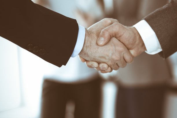 商务人士在会议或谈判后与同事握手。一群不知名的商人和女性在现代办公室。团队合作，伙伴关系和握手的概念，色调图片图片下载