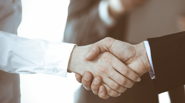 商务人士在会议或谈判后与同事握手。一群不知名的商人和女性在现代办公室。团队合作，伙伴关系和握手的概念，色调图片图片下载