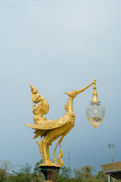 在电线杆顶端的金色天鹅雕塑很受欢迎。图片下载