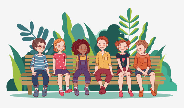 一群友善的孩子坐在公园的长椅上。快乐的男孩和女孩。暑假插图图片下载