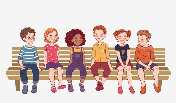一群友善的孩子坐在公园的长椅上。快乐的男孩和女孩。暑假插图图片下载