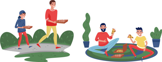 年轻的父亲和他的儿子扛着披萨吃着图片下载