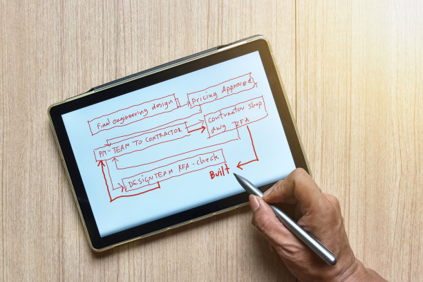 一个展示建筑组织结构图手绘草图的写字板，在木桌上与数字笔协调工作，数字笔写字新技术的概念图片下载