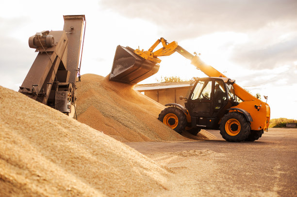 谷物升降机。谷仓配有机械设备，用于收货、清洗、烘干、谷物装运。农业农场乡村景观。谷物拖拉机制造倾倒筒仓图片下载