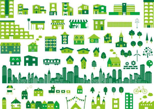 建筑物、房屋和城市的图标集图片下载