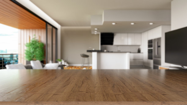 木质桌面与现代客厅的模糊图片下载