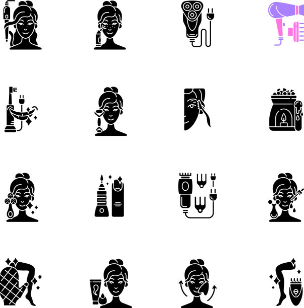 美容小工具黑色象形文字图标设置在白色图片下载