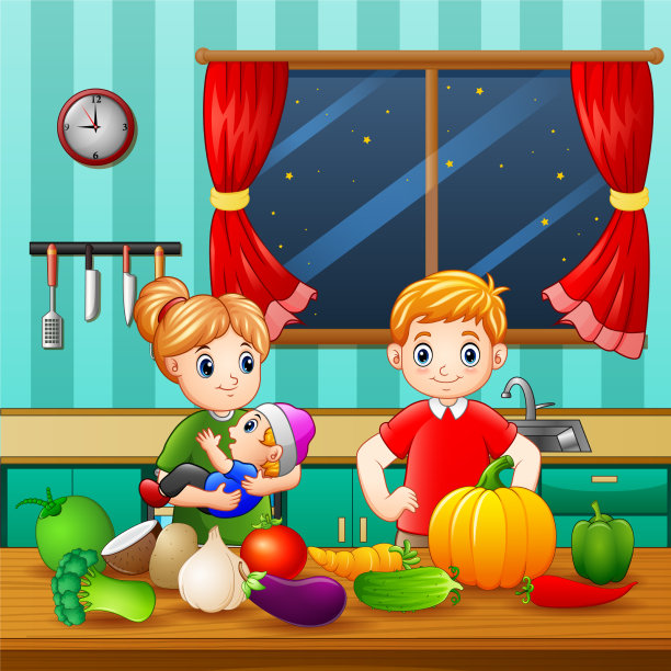 厨房里的小家庭有蔬菜图片下载