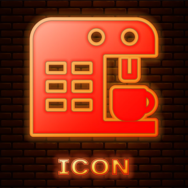 发光的霓虹灯咖啡机图标孤立在砖块上图片下载