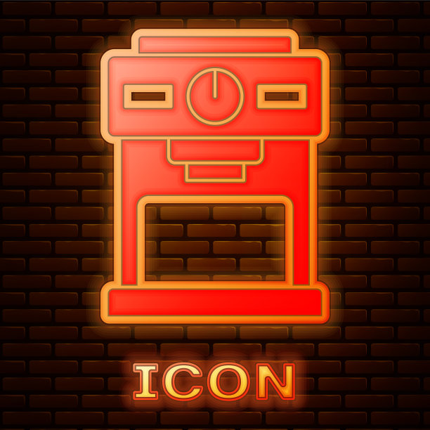 发光的霓虹灯咖啡机图标孤立在砖块上图片下载