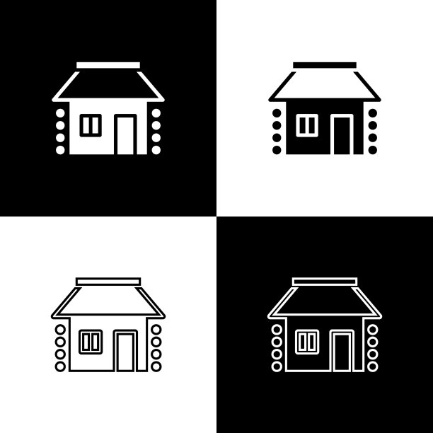 设置老乌克兰房屋小屋图标孤立在黑色图片下载