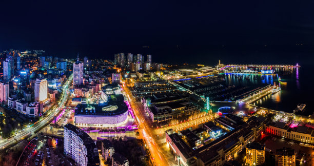 航拍青岛沿海城市夜景图片下载