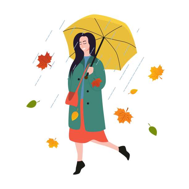 年轻女子穿着当季的衣服，在雨中走在街上图片下载