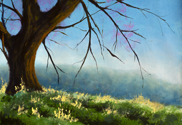 莫奈的丙烯画大树在阳光灿烂的草地在山美丽的风景油画在画布上图片下载