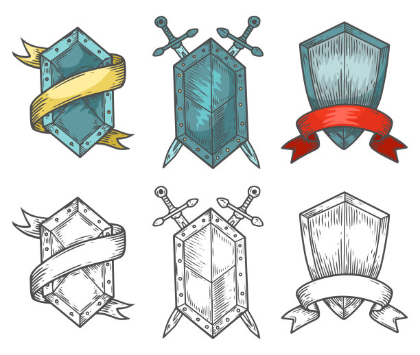 中世纪纹章的手绘盾牌素描向量图片下载