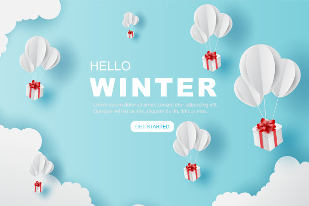 气球礼物飞上蓝天。你好,冬天的概念。纸艺术的气球白色漂浮和礼盒在空中蓝色的天空为圣诞快乐和节日海报。设计纸的工艺和切割图片下载