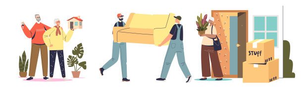 购买房屋和安置概念的卡通房主和搬家服务人员图片下载