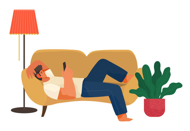 男子躺在家里的沙发上，在白色的背景上通信上网图片下载