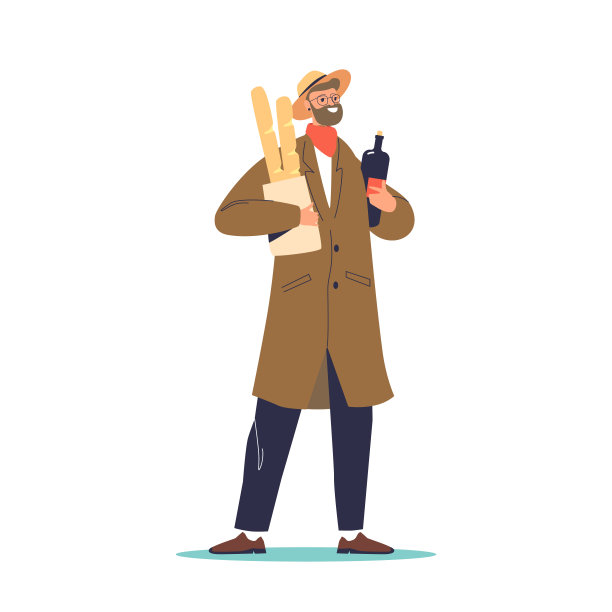 时尚的法国男人拿着棍子面包和一瓶红酒作为传统典型的法国标志图片下载