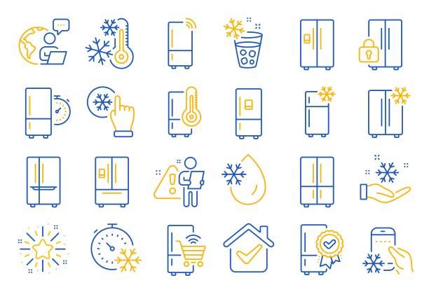 冰箱一行图标。冰箱，冷库，智能冰箱。带冰的水，冷却器，温度计。向量图片下载