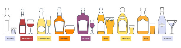 酒瓶和玻璃杯伏特加，红酒，香槟，威士忌图片下载