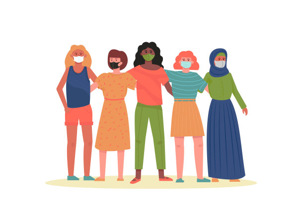 一个多民族的年轻漂亮的女人戴着面具。他们站在一起，彼此微笑。女孩是朋友。防止冠状病毒。图片下载