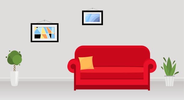 现代办公室内设红色沙发、抽象画和植物。图片下载