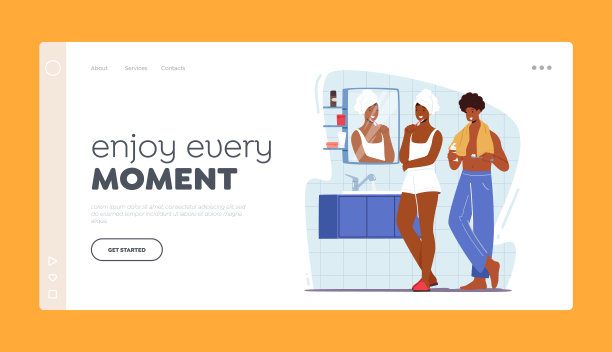 两个人物早上卫生程序，刷牙例行登陆页面模板。年轻女人和正在刷牙的男人图片下载