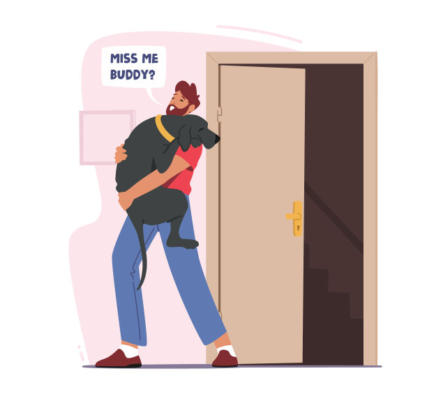 男主角牵着狗在家里下班后见面。快乐的人拥抱宠物。友谊关系图片下载