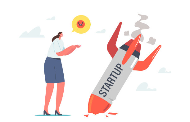 创业崩溃，商业失败的概念。女商人站在倒下的火箭上试图意识到商业上的错误图片下载