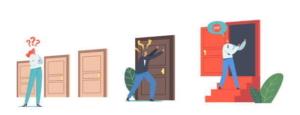 一组男性和女性角色在门孤立的白色背景。女人选择入门，商人机会图片下载