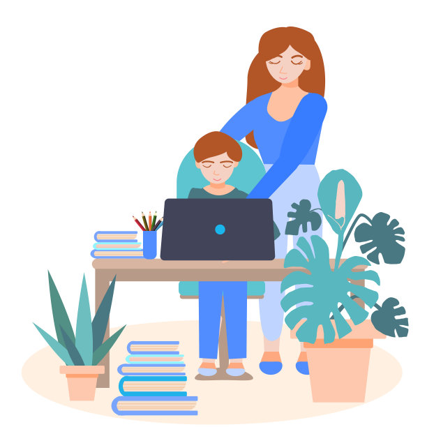 妈妈在笔记本电脑上帮助儿子做作业。网上教孩子。家庭类。妈妈向男孩解释如何表演。矢量插图在一个平坦的卡通风格。图片下载