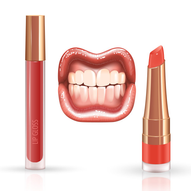 化妆集唇与逼真的霜涂抹，逼真光泽灿烂的微笑嘴唇和液体口红。图片下载