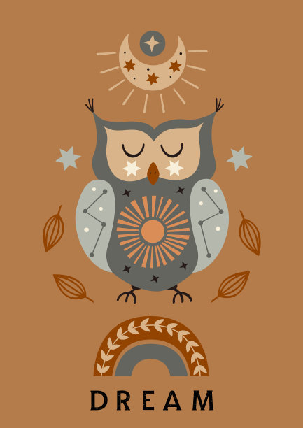 带有猫头鹰月光彩虹的天体海报图片下载