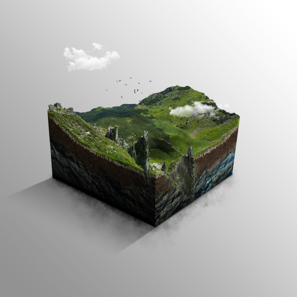 旅游和假期背景。插图与切割的地面和草地景观与山区的切割。图片下载