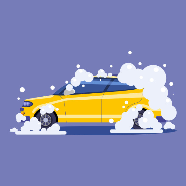 车停在泡沫。汽车服务清洗，清洁汽车。矢量插图孤立图片下载