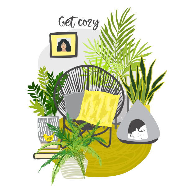 黄色和灰色的城市丛林房间与舒适的椅子图片下载