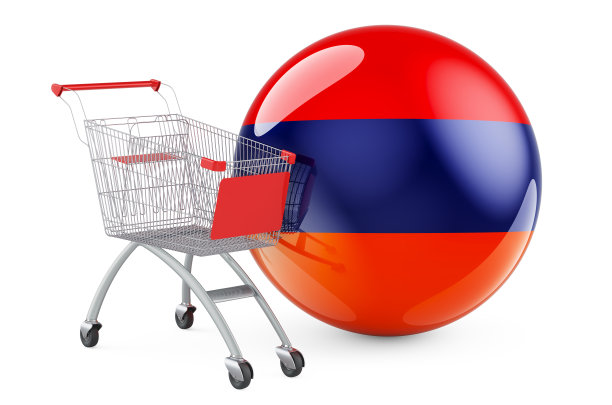 挂着亚美尼亚国旗的购物车。购物在亚美尼亚的概念。3D渲染孤立的白色背景图片下载