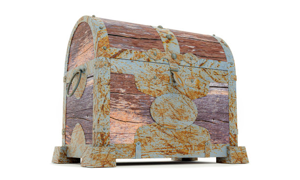 破旧的海盗宝藏箱。烂和破碎。用于存放贵重物品由开裂的木头和生锈的金属制成隔离在白色背景和墙纸上。3 d渲染。图片下载