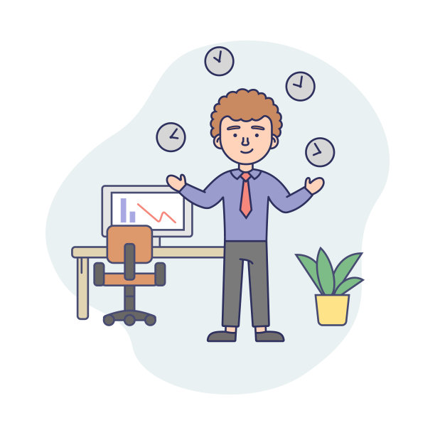 商业生活概念插图卡通风格。具有男性特征和元素的向量构成。带有轮廓的线性艺术。时间管理和工作成功理念。男人，办公室西装，全天候工作图片下载