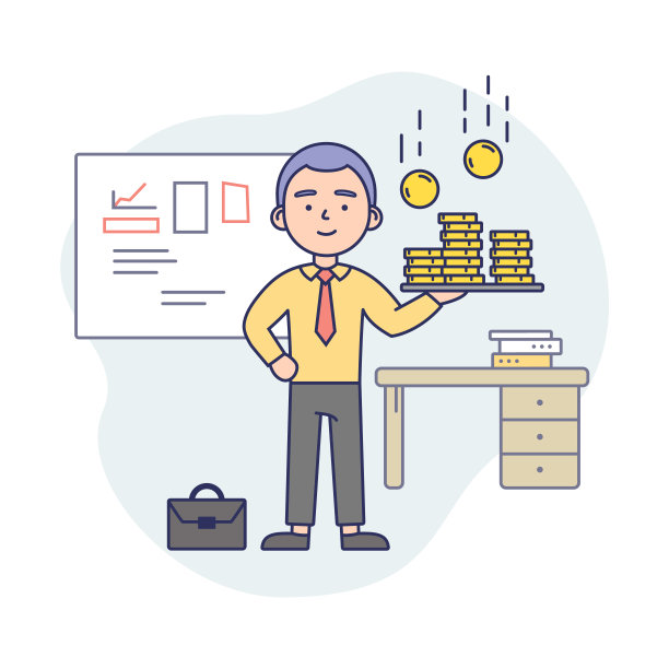 商业生活概念插图卡通风格。具有男性特征和元素的向量构成。带有轮廓的线性艺术。穿着西装的男人拿着装着硬币的托盘。工作室内的背后图片下载