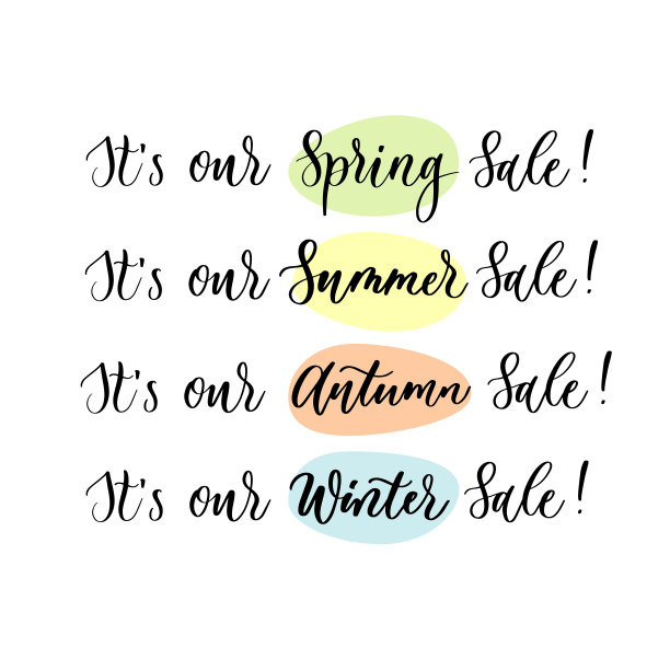 这是我们春夏秋冬的特卖会。手写体和现代书法题字。图片下载