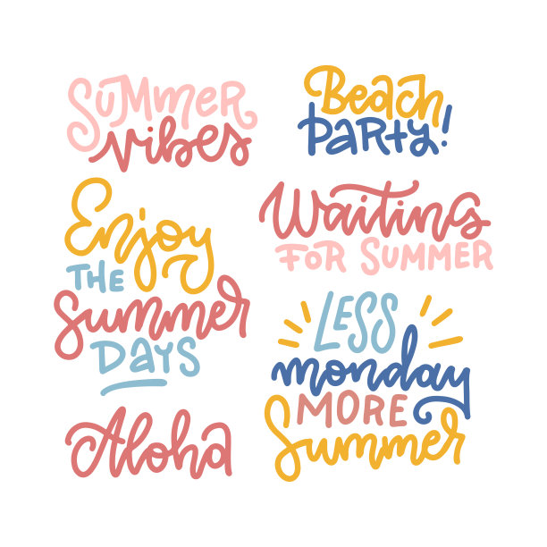 夏季手绘书法文本元素集。向量收集鲜艳的彩色夏季字母。美丽的夏天引用海报。直线手画矢量期刊贴纸图片下载