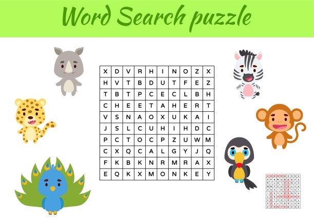 游戏模板字搜索拼图动物儿童与图片。儿童活动工作表可打印版本。学习英语单词的教育游戏。包括答案。向量股票插图图片下载