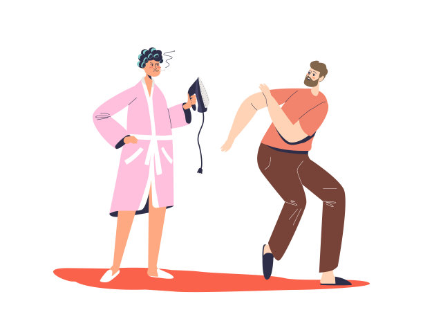 妻子拿着熨斗吓唬丈夫，愤怒的家庭主妇冲男人尖叫图片下载