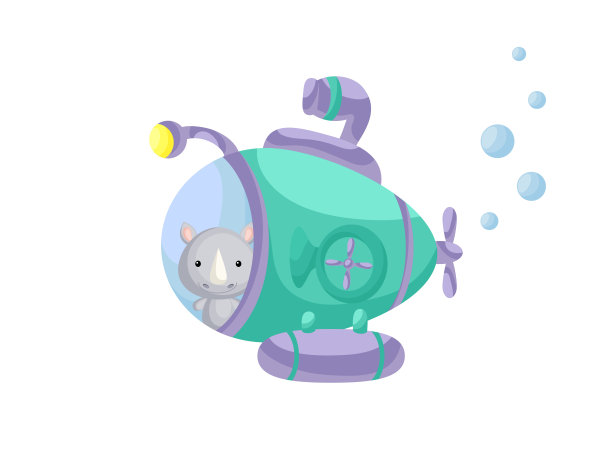 可爱的小犀牛在翡翠潜艇上航行。卡通人物适用于儿童书籍，相册，婴儿送礼会，贺卡，派对邀请，室内装潢。矢量插图。图片下载